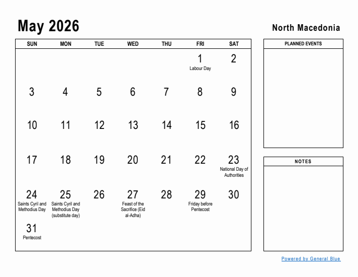 May 2026 Printable Monthly Calendar with North Macedonia Holidays