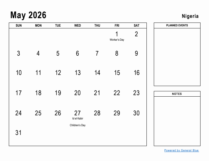 May 2026 Printable Monthly Calendar with Nigeria Holidays