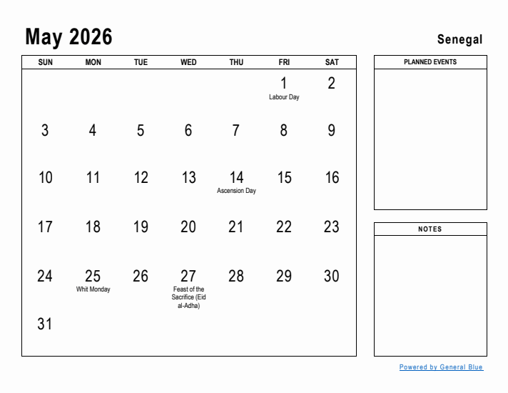May 2026 Printable Monthly Calendar with Senegal Holidays