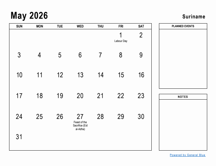 May 2026 Printable Monthly Calendar with Suriname Holidays