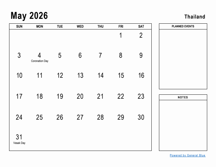 May 2026 Printable Monthly Calendar with Thailand Holidays