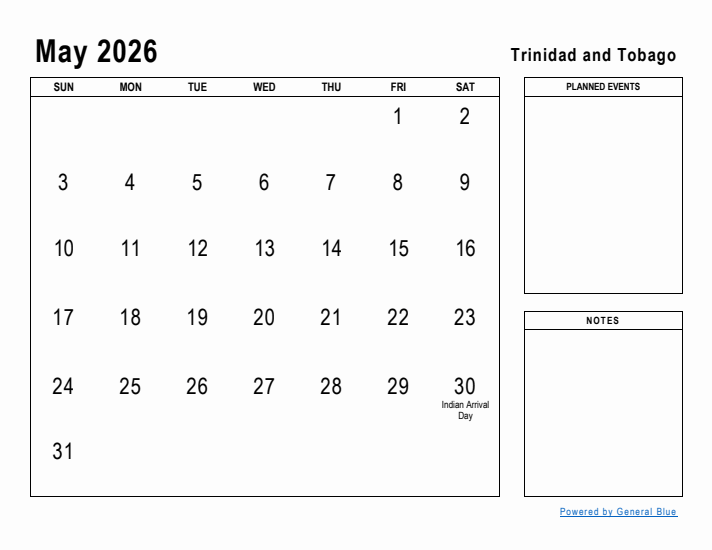 May 2026 Printable Monthly Calendar with Trinidad and Tobago Holidays