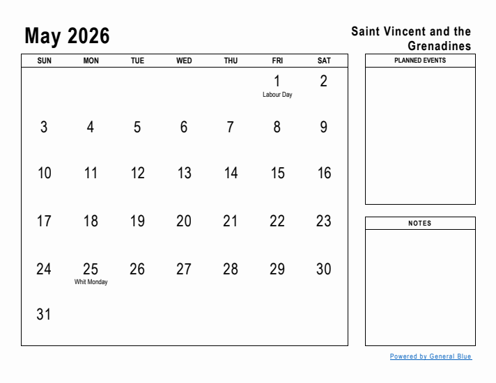 May 2026 Printable Monthly Calendar with Saint Vincent and the Grenadines Holidays