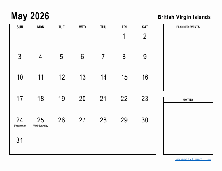 May 2026 Printable Monthly Calendar with British Virgin Islands Holidays