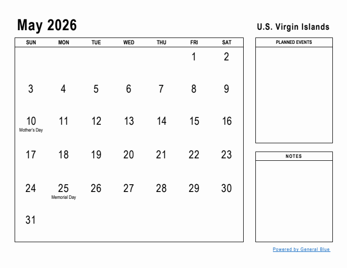 May 2026 Printable Monthly Calendar with U.S. Virgin Islands Holidays