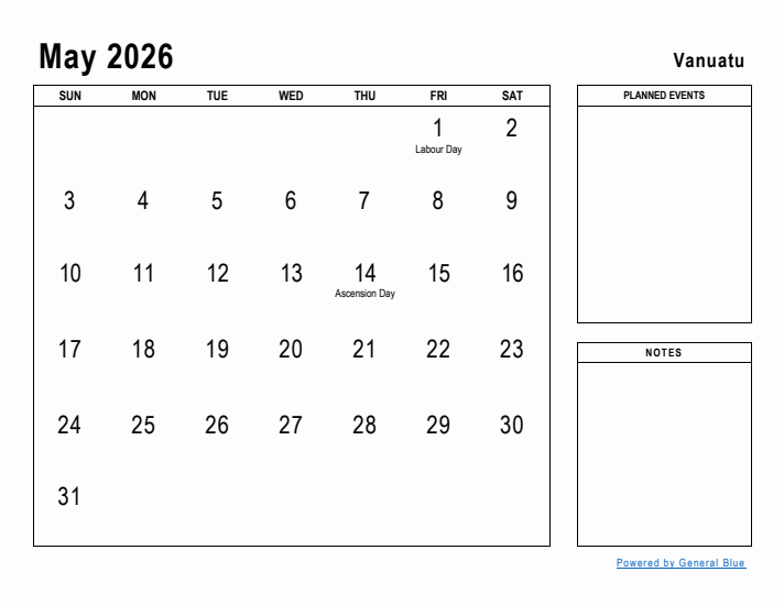 May 2026 Printable Monthly Calendar with Vanuatu Holidays