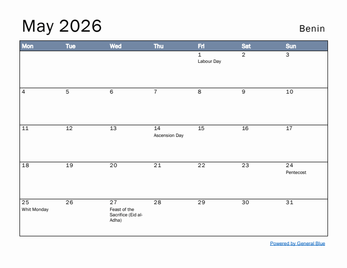 May 2026 Simple Monthly Calendar for Benin