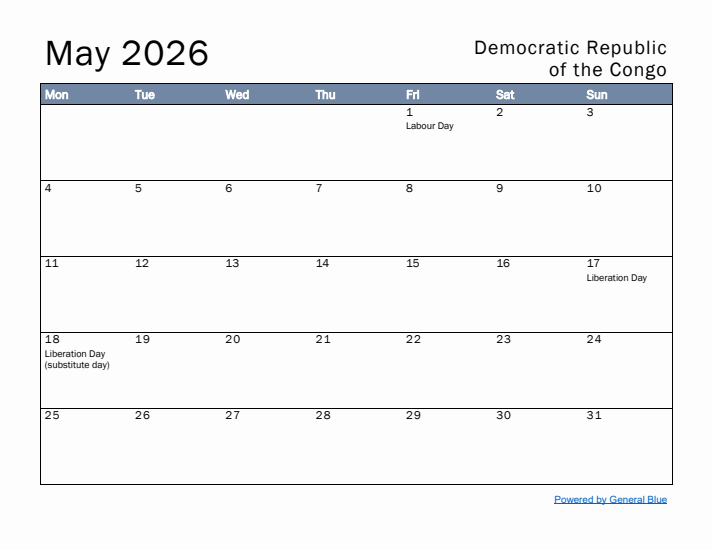 May 2026 Simple Monthly Calendar for Democratic Republic of the Congo