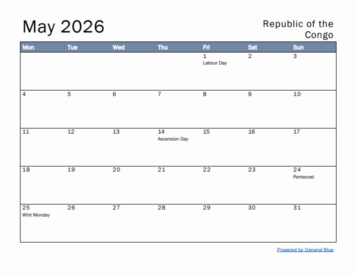 May 2026 Simple Monthly Calendar for Republic of the Congo
