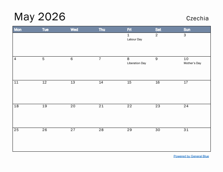 May 2026 Simple Monthly Calendar for Czechia