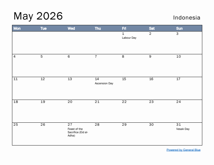 May 2026 Simple Monthly Calendar for Indonesia