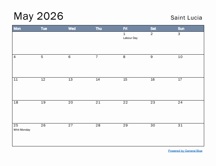 May 2026 Simple Monthly Calendar for Saint Lucia