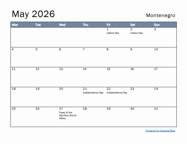 May 2026 Simple Monthly Calendar for Montenegro