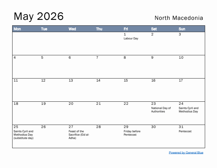 May 2026 Simple Monthly Calendar for North Macedonia