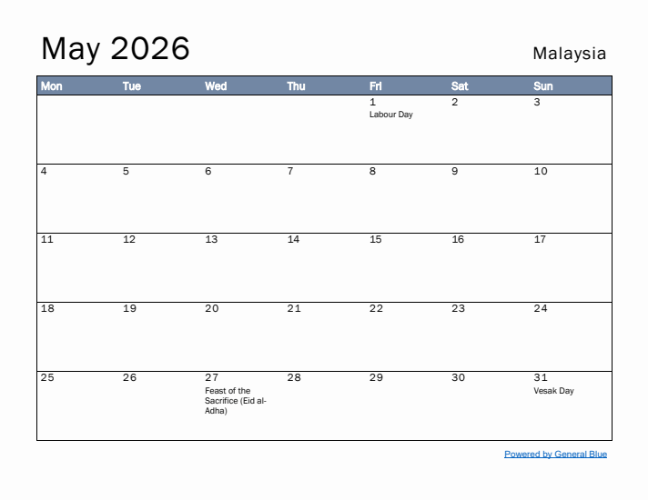 May 2026 Simple Monthly Calendar for Malaysia