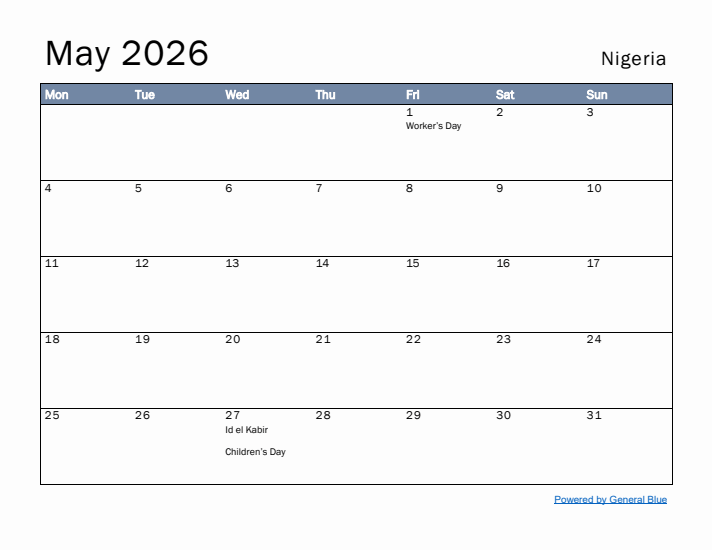 May 2026 Simple Monthly Calendar for Nigeria