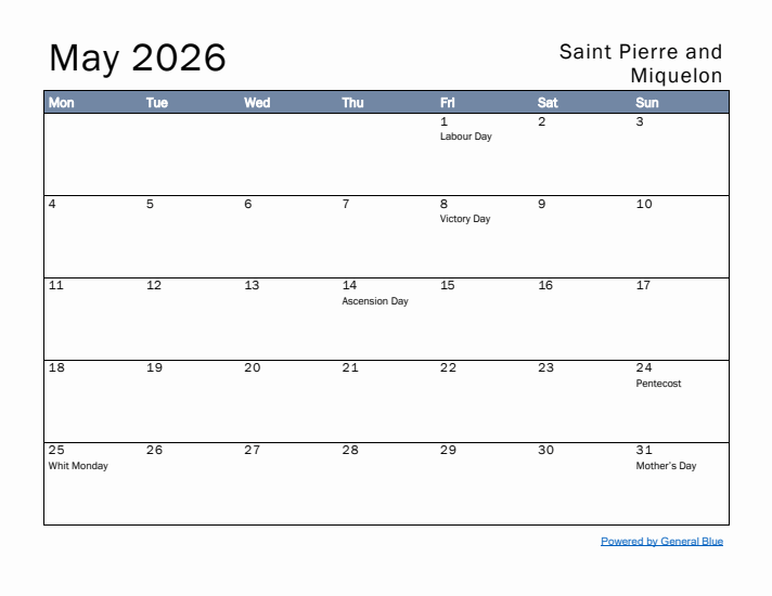 May 2026 Simple Monthly Calendar for Saint Pierre and Miquelon