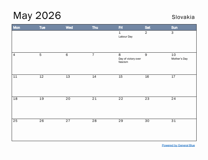 May 2026 Simple Monthly Calendar for Slovakia
