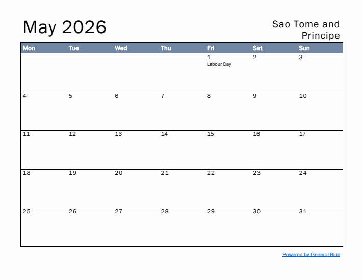 May 2026 Simple Monthly Calendar for Sao Tome and Principe