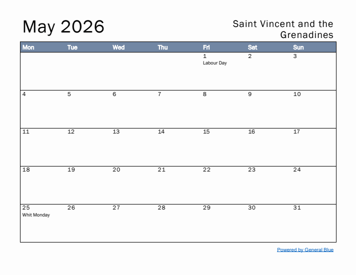 May 2026 Simple Monthly Calendar for Saint Vincent and the Grenadines