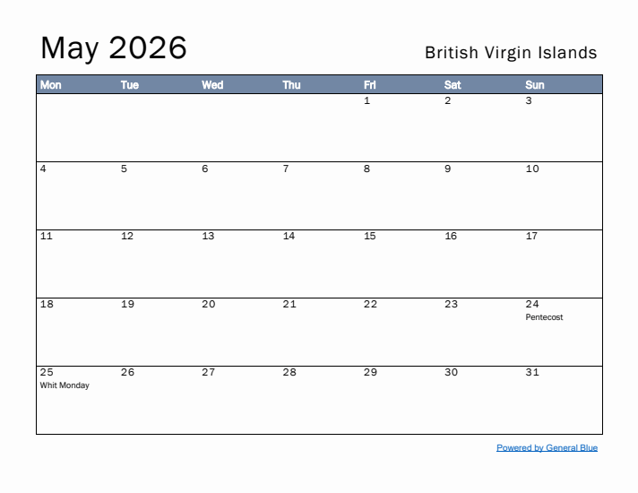 May 2026 Simple Monthly Calendar for British Virgin Islands