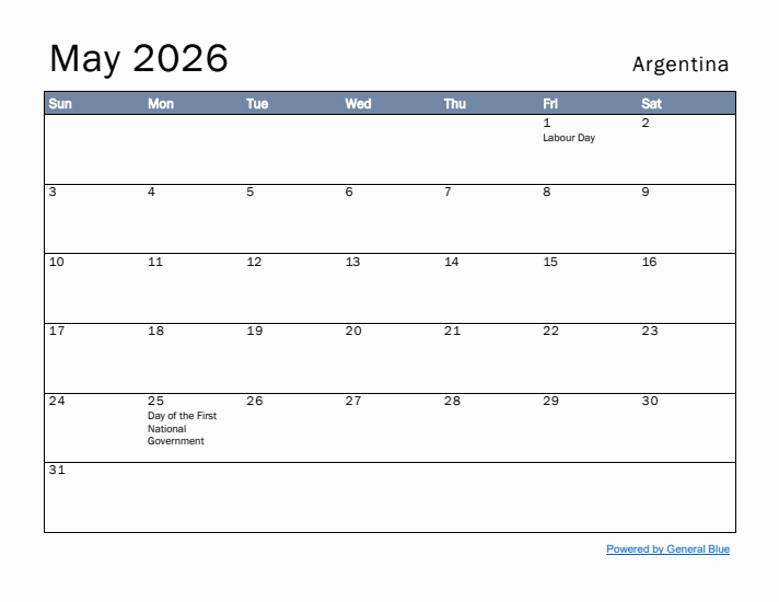 May 2026 Simple Monthly Calendar for Argentina