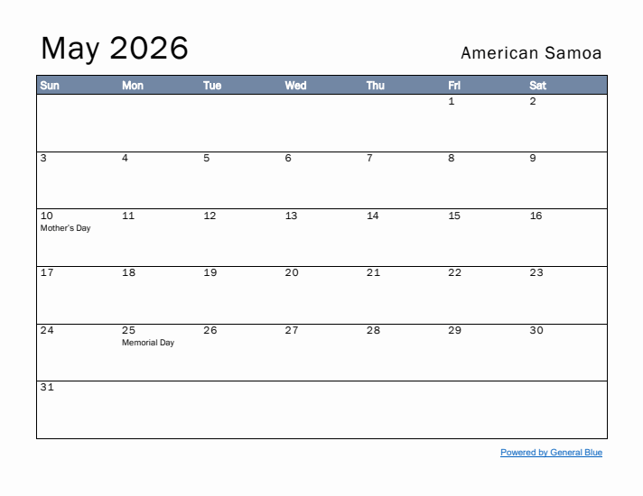 May 2026 Simple Monthly Calendar for American Samoa