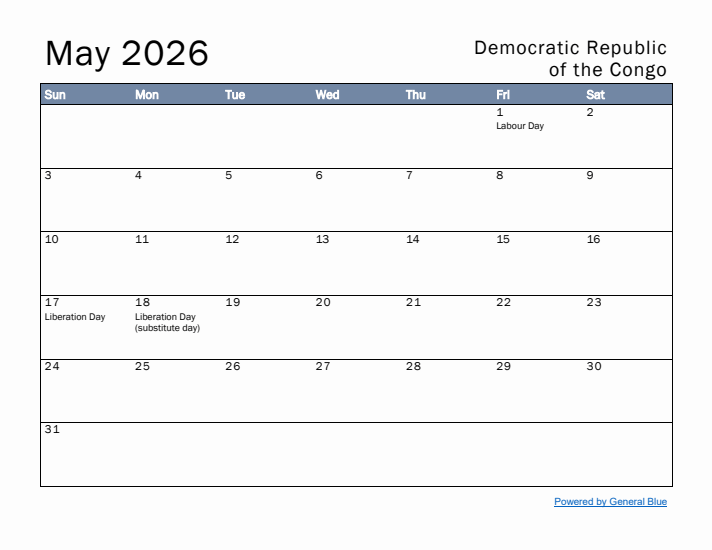 May 2026 Simple Monthly Calendar for Democratic Republic of the Congo