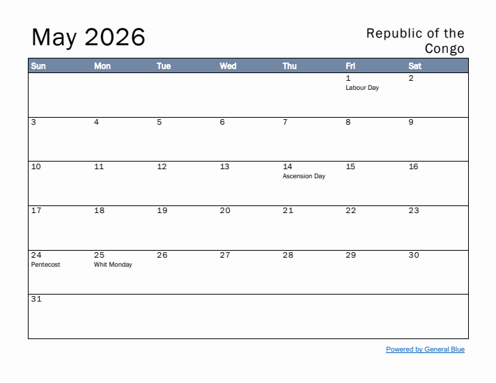 May 2026 Simple Monthly Calendar for Republic of the Congo