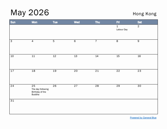 May 2026 Simple Monthly Calendar for Hong Kong