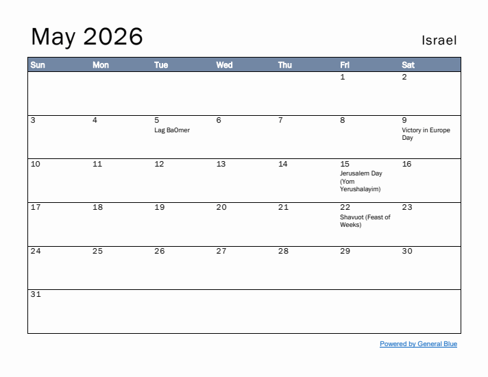 May 2026 Simple Monthly Calendar for Israel