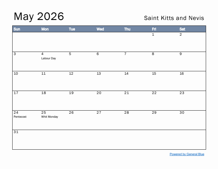 May 2026 Simple Monthly Calendar for Saint Kitts and Nevis