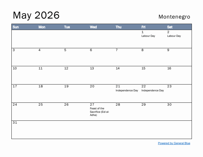 May 2026 Simple Monthly Calendar for Montenegro