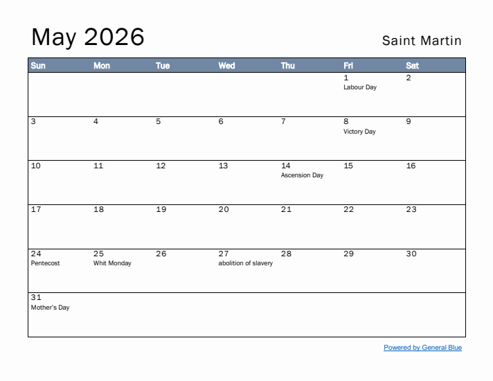 May 2026 Simple Monthly Calendar for Saint Martin