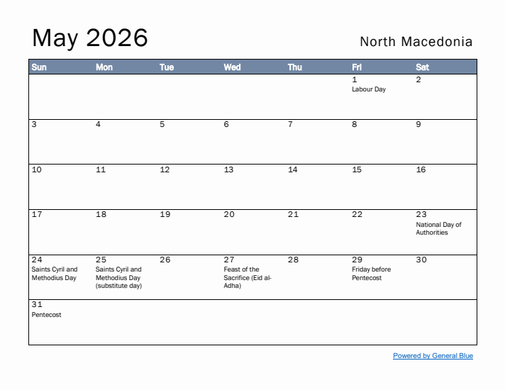 May 2026 Simple Monthly Calendar for North Macedonia