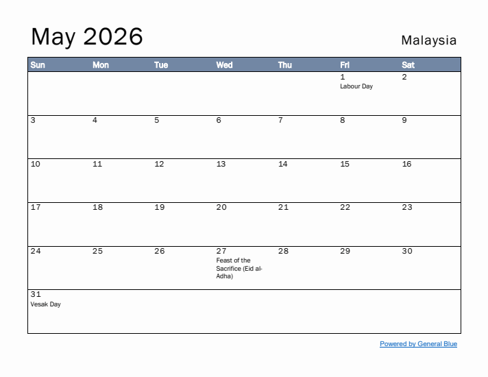 May 2026 Simple Monthly Calendar for Malaysia