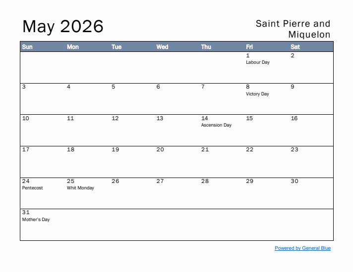 May 2026 Simple Monthly Calendar for Saint Pierre and Miquelon