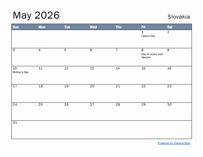May 2026 Simple Monthly Calendar for Slovakia