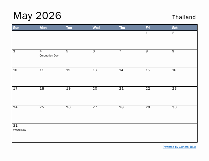 May 2026 Simple Monthly Calendar for Thailand