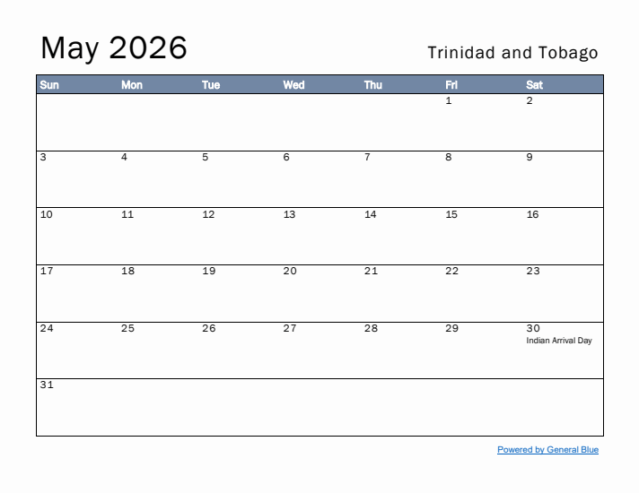 May 2026 Simple Monthly Calendar for Trinidad and Tobago