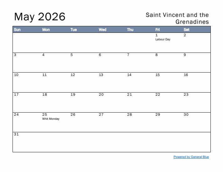 May 2026 Simple Monthly Calendar for Saint Vincent and the Grenadines