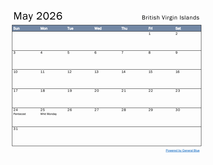 May 2026 Simple Monthly Calendar for British Virgin Islands