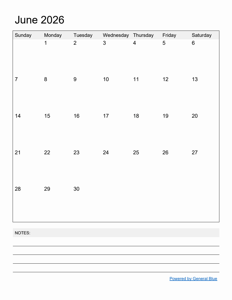 Free Printable Monthly Calendar for June 2026 Free Printable Monthly Calendar for June 2026