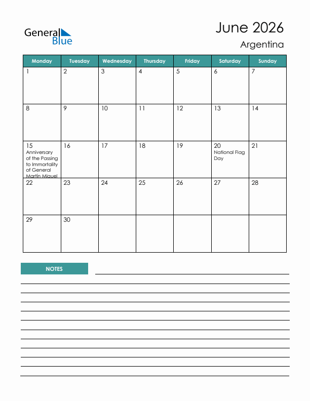 Calendar with Notes Printable - Monday Start