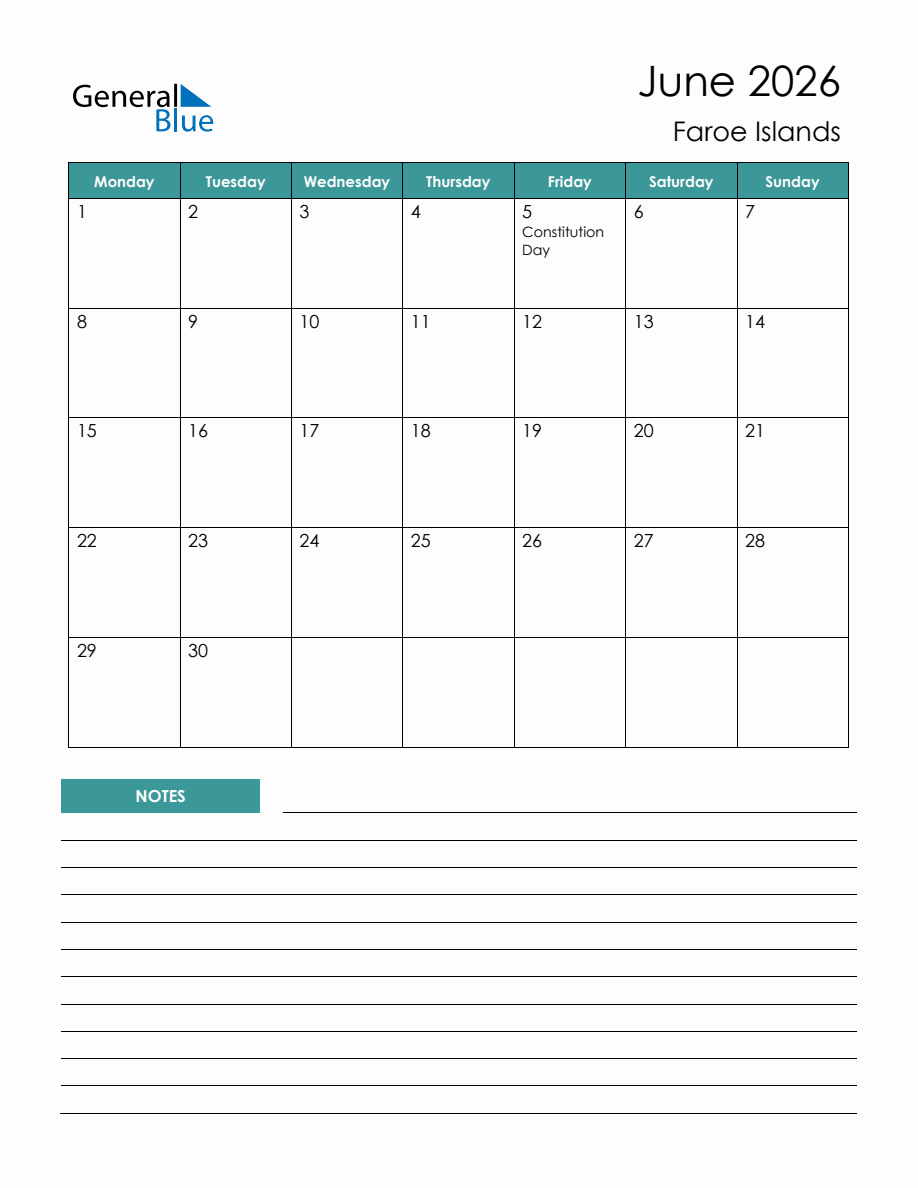 Monthly Planner with Faroe Islands Holidays - June 2026