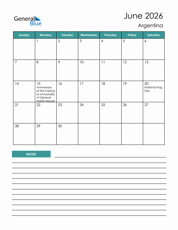 Calendar with Notes Printable - Sunday Start