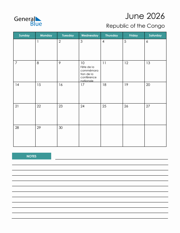 Calendar with Notes Printable - Sunday Start