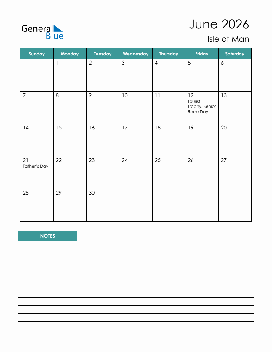 Monthly Planner with Isle of Man Holidays - June 2026