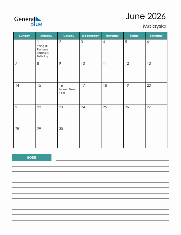 Calendar with Notes Printable - Sunday Start