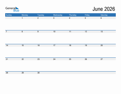 Current month calendar June 2026